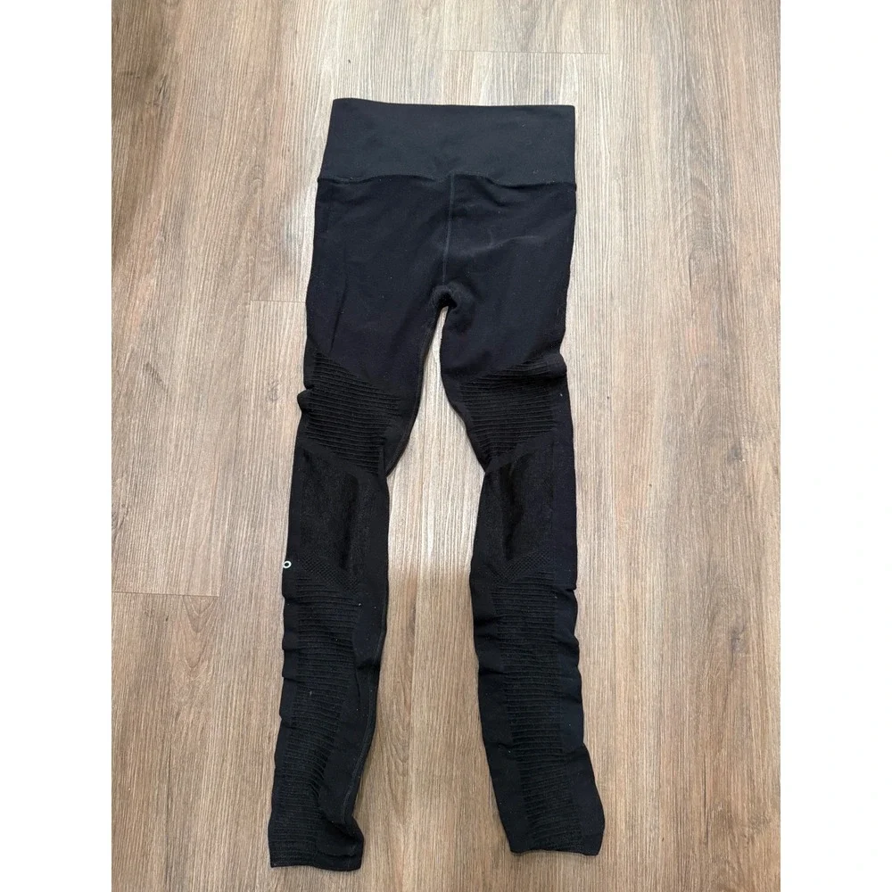 Alo Yoga Womens Black Moto High Waist Ribbed Mesh Inset Leggings Size Medium